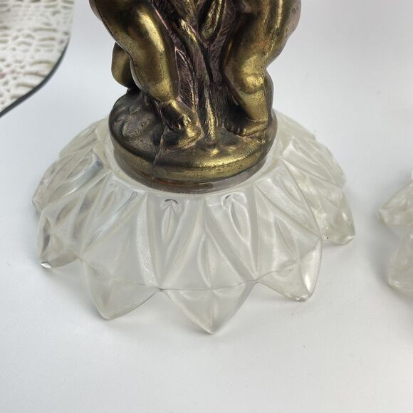 2 Regency Cherub Brass Candle Holders Figural Hurricane Frosted Glass Base
